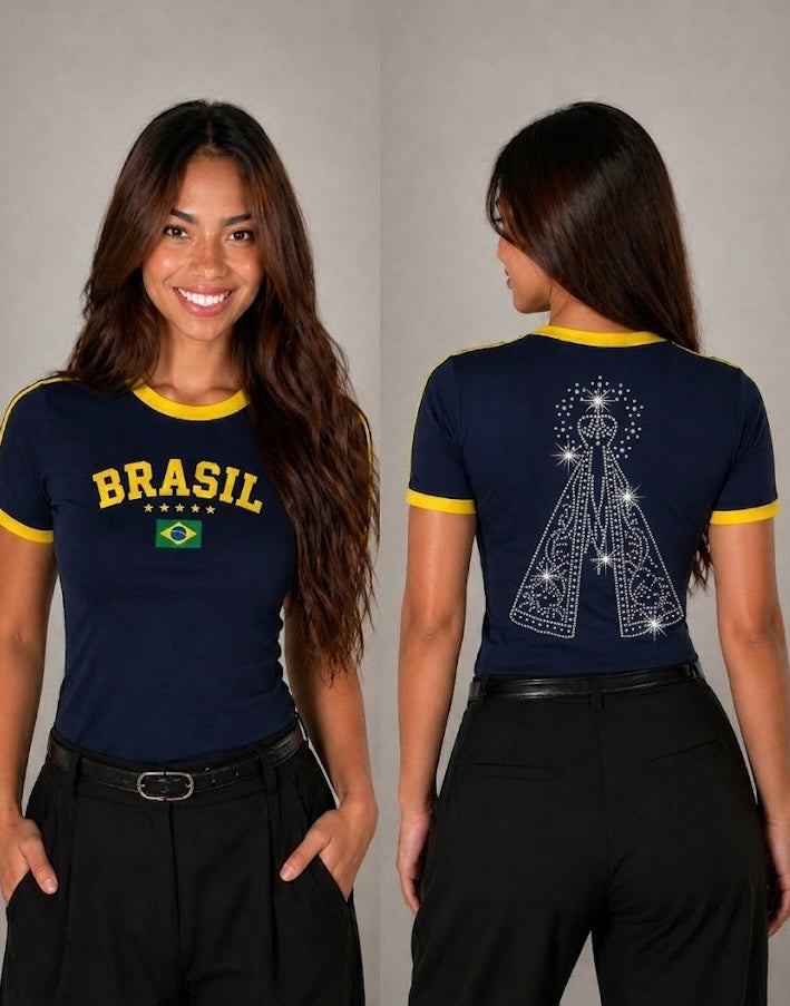 BabyLook Brasil Nossa Senhora Aparecida em Strass - Bordada, 100% Algodão COPA 2026 | ELAVSO BR