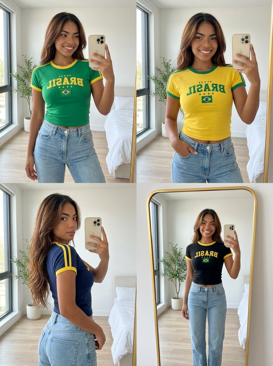 Babylook Brasil Feminina Bordada Copa 2026 🇧🇷 | 100% Algodão | Versão Brasileira ELAVSO
