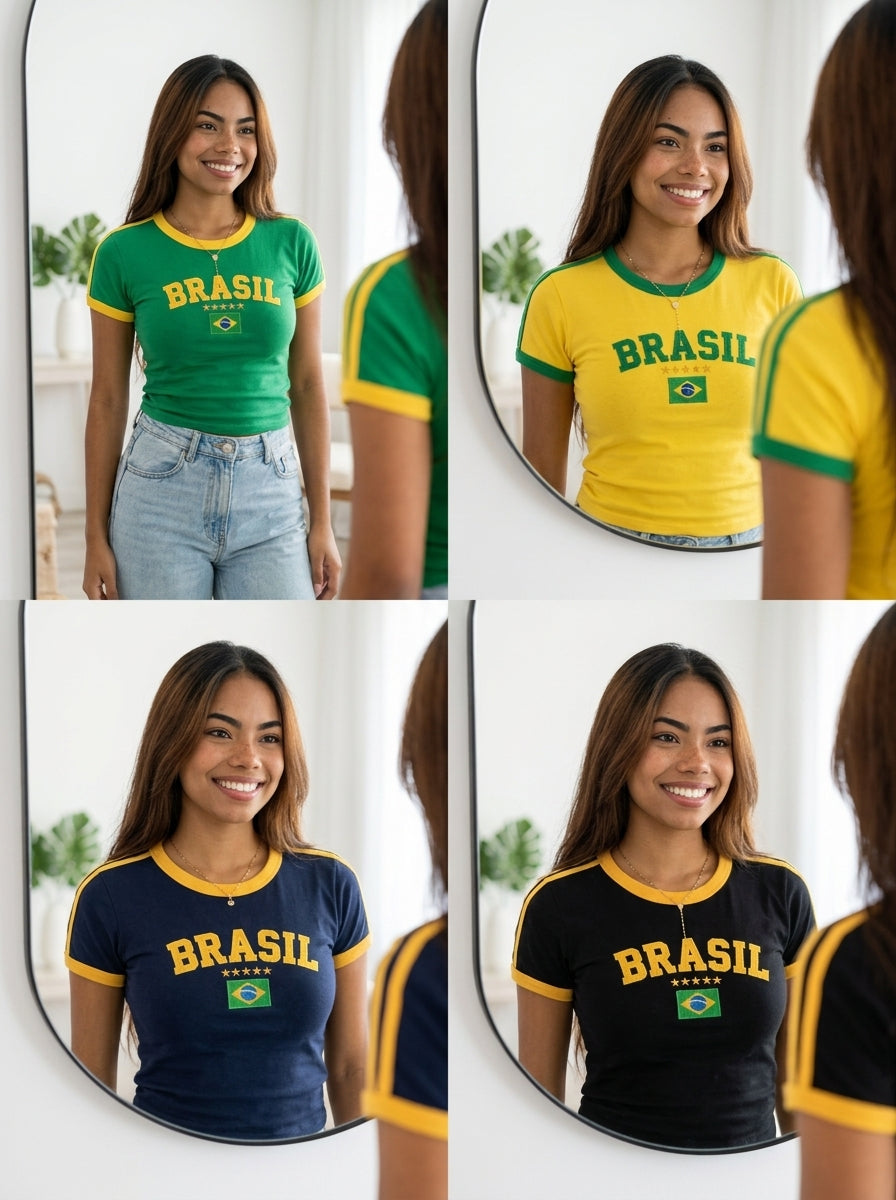 Babylook Brasil Feminina Bordada Copa 2026 🇧🇷 | 100% Algodão | Versão Brasileira ELAVSO