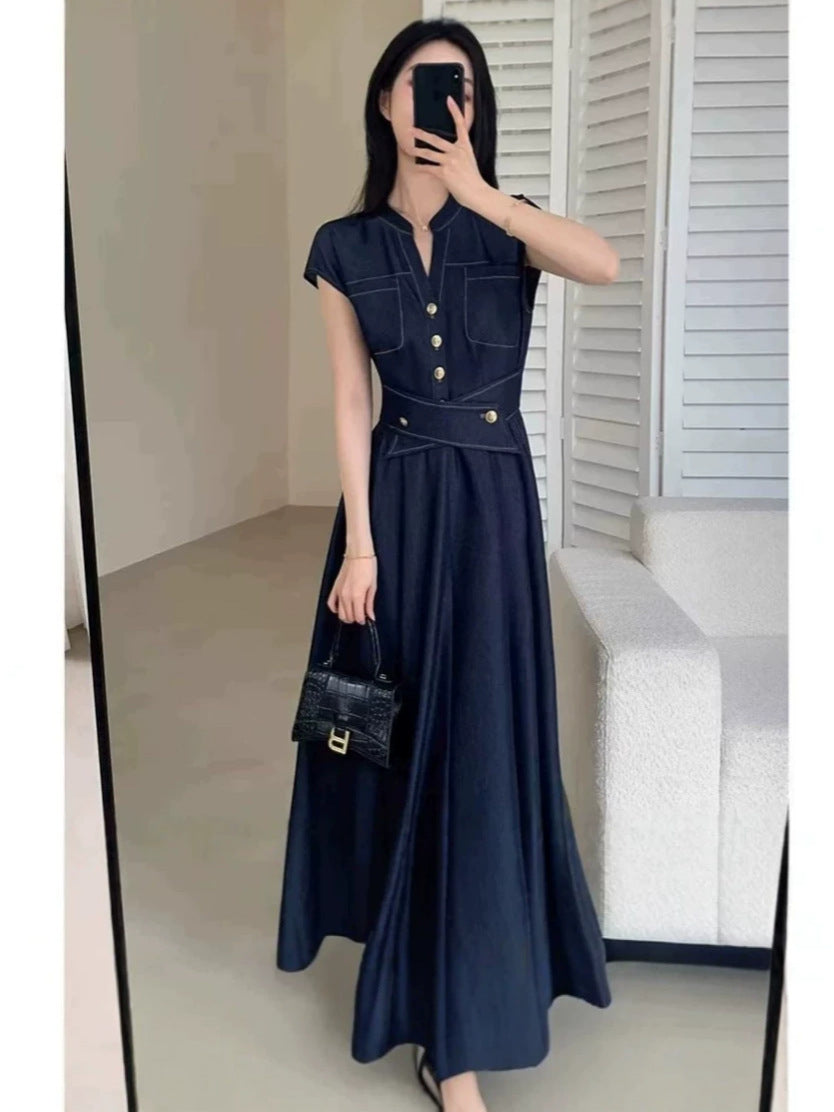 Vestido de ganga da moda, saia de manga curta simples de manga curta de verão de comprimento médio, vestido slip, 5723 para apertar a cintura e emagrecer