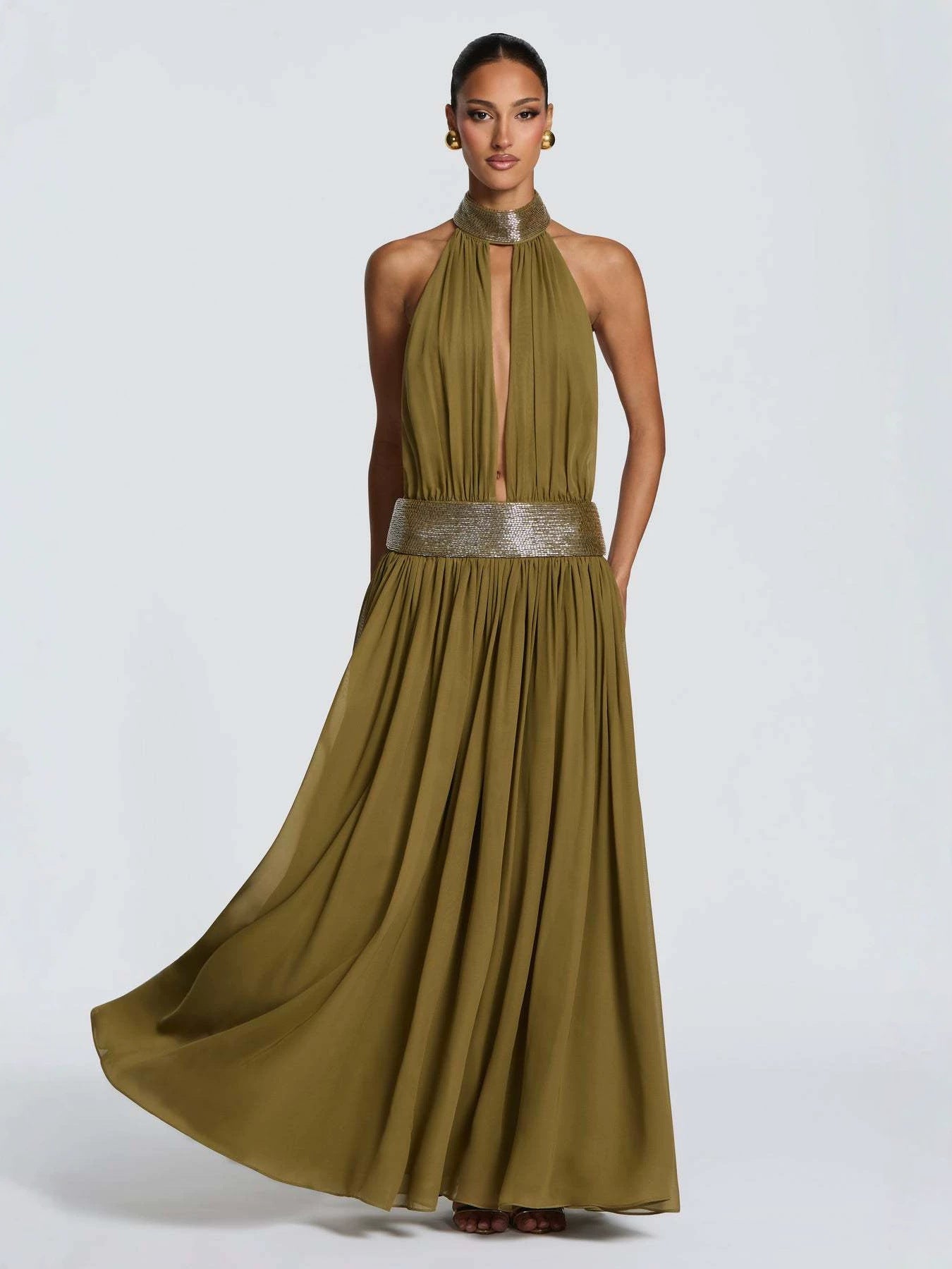 2026 Vestido de vestido feminino transfronteiriço 2026, de cor sólida, sexy, sem costas, sem mangas plissado, com grande fenda