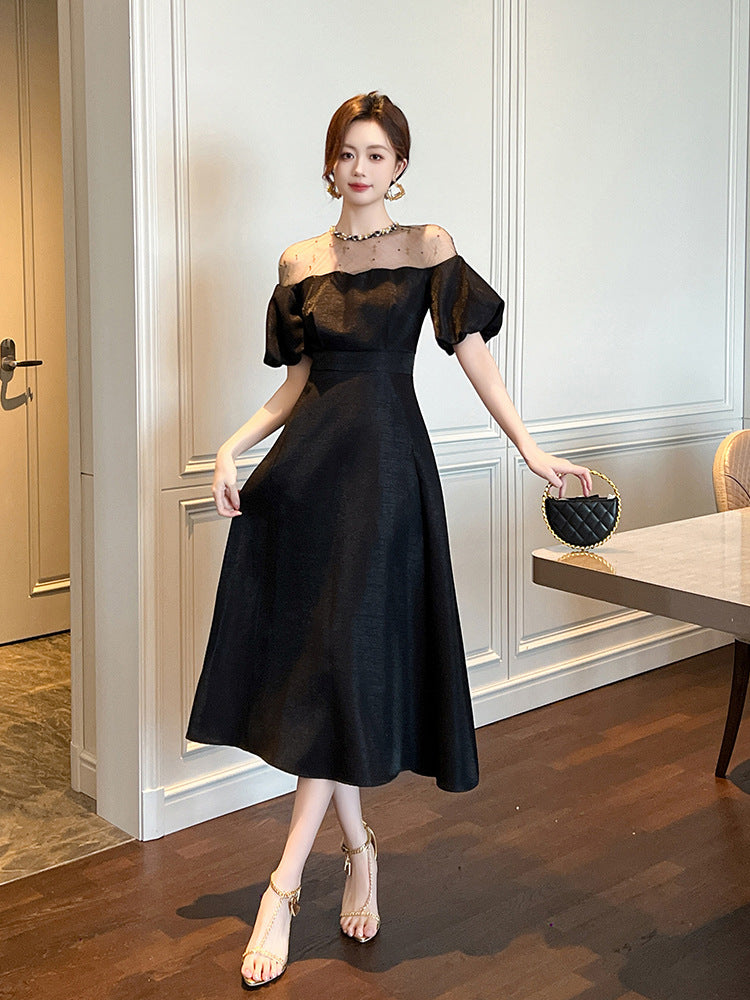 Vestido longo elegante estilo Hepburn 2026 verão nova socialite feminina que aperta a cintura, vestido preto 21348