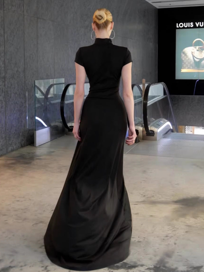 | Vestido de noite chinês com fenda simples, vestido de noite comprido slim-fit sexy, vestido de início de verão requintado