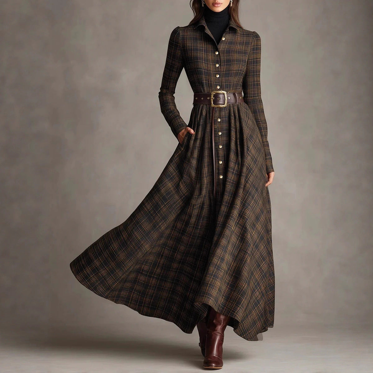 Em stock de roupa feminina europeia e americana de 2025, site independente da Amazon, vestido camisa elástica com padrão digital na lapela e modelar a cintura