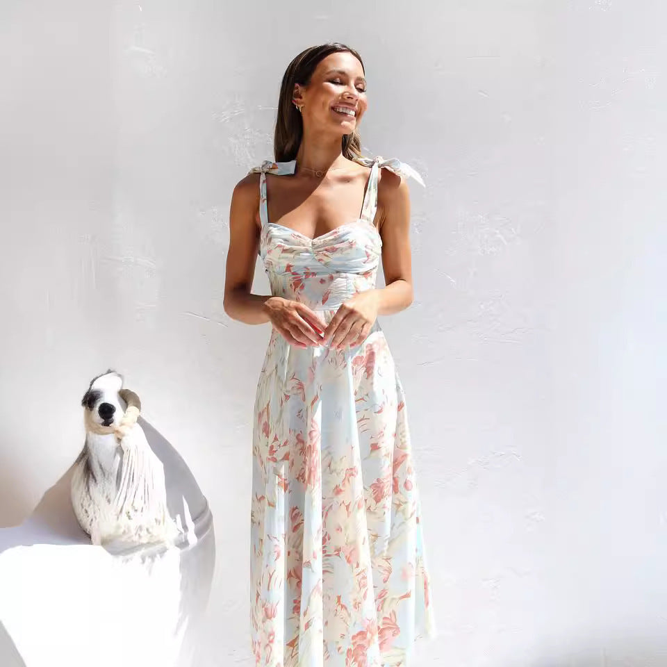 2024 Vestido Novo Slim Fit, Estampado em V, com decote em V que aperta a cintura, para mulheres de comprimento médio