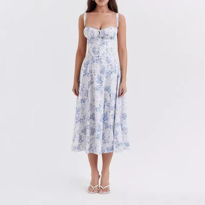Vestido Feminino Feminino Floral Cross-fronteiriço Europeu e Americano Vestido de Espinha de Peixe com Fenda Alta e Espinha de Peixe Vestido Bestseller Independente em Site Independente