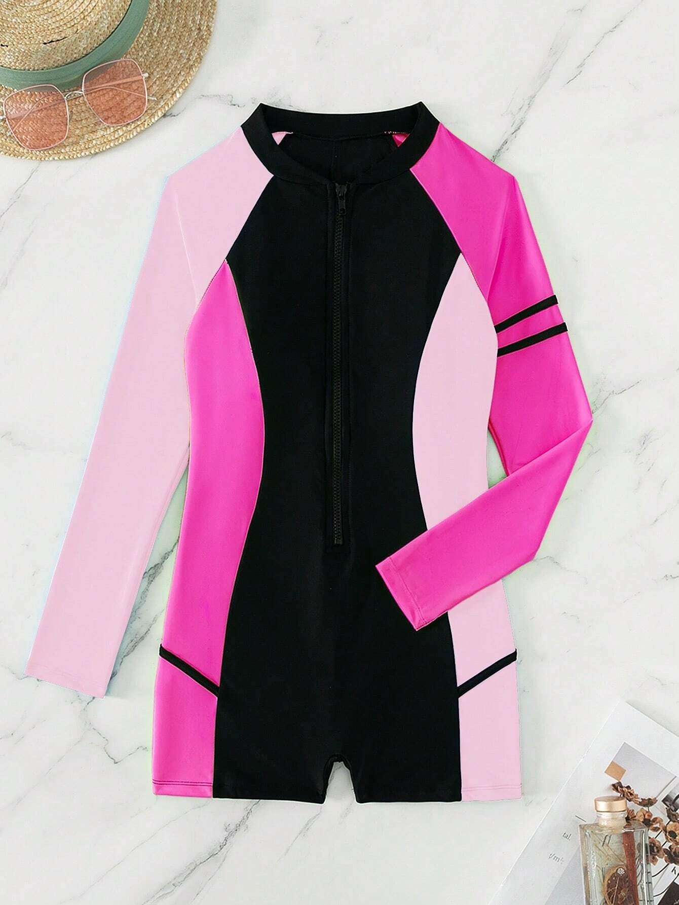 Fato de banho de surf para desportos de praia de manga longa, com blocos de cor e blocos de cor,