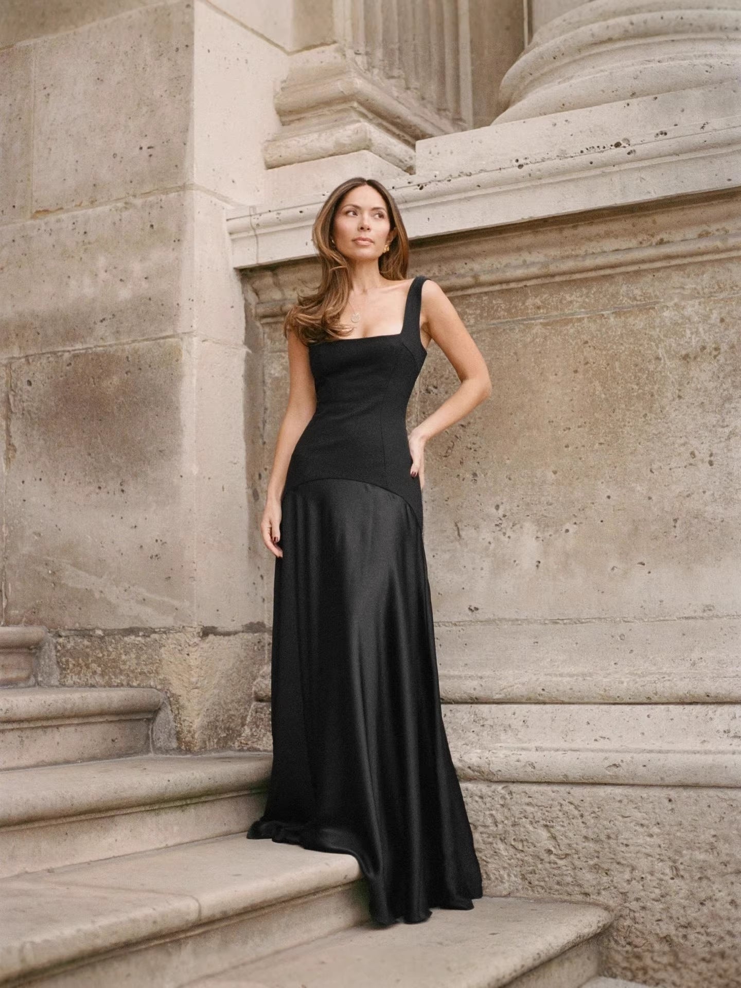 Em Stock | Vestido de Noite Preto, Vestido de Noite Preto, Vestido Longo Novo Vestido Maxi Europeu e Americano sem Mangas com Alças Finas