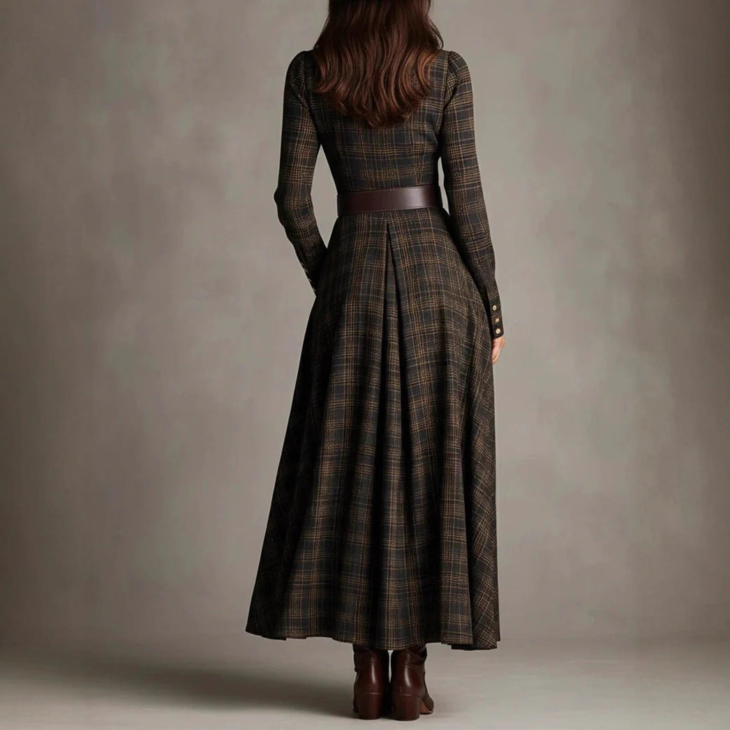 Em stock de roupa feminina europeia e americana de 2025, site independente da Amazon, vestido camisa elástica com padrão digital na lapela e modelar a cintura