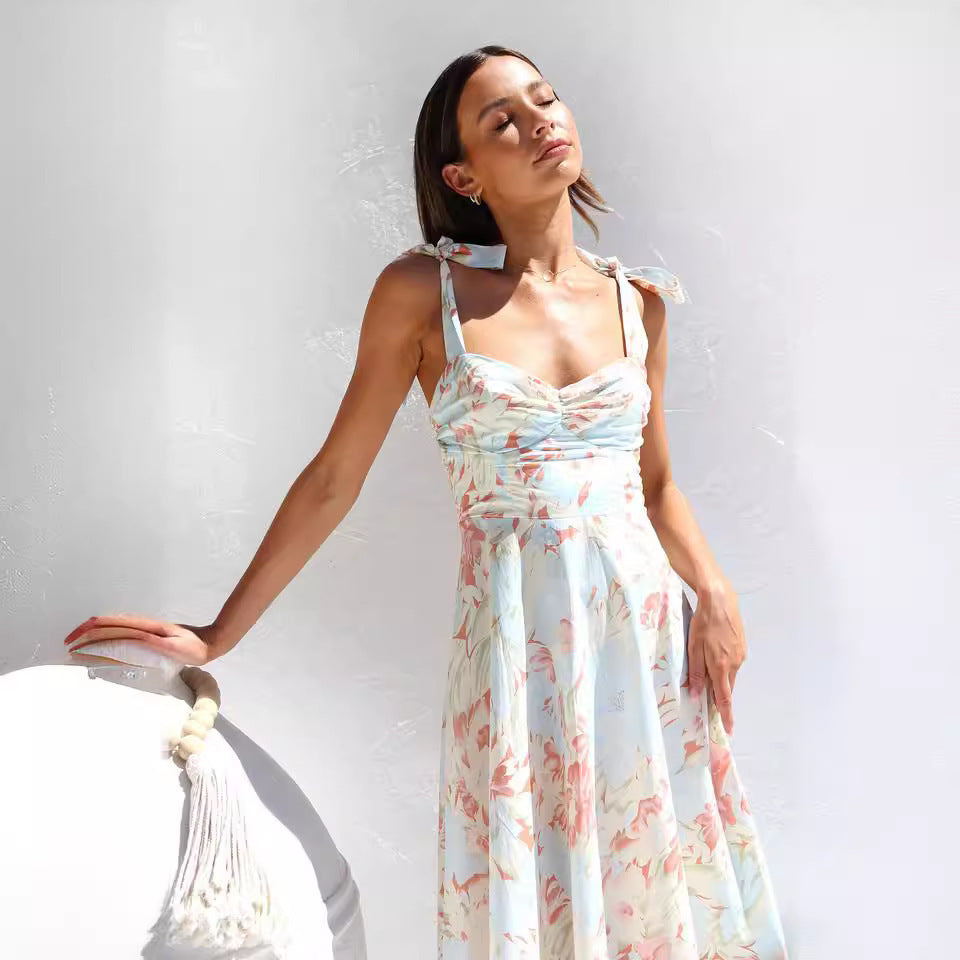 2024 Vestido Novo Slim Fit, Estampado em V, com decote em V que aperta a cintura, para mulheres de comprimento médio