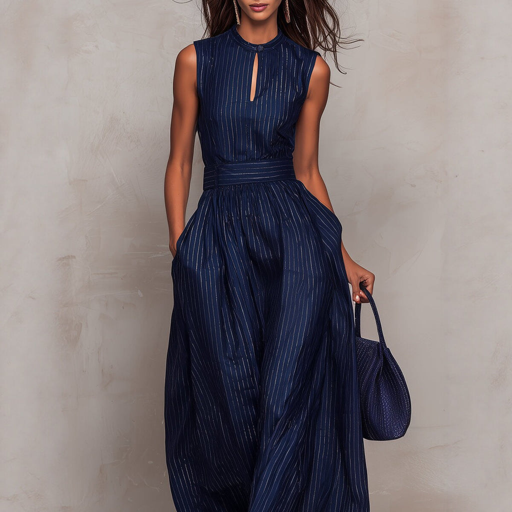 2026 Novo Macato Azul Escuro às Riscas, Azul Escuro às Riscas, de pernas largas para mulheres, moda elegante para mulheres