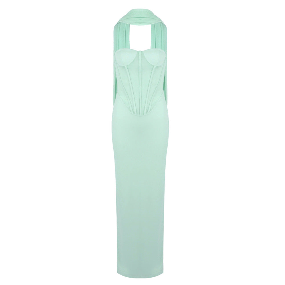 Em Stock | Vestido Longo Verde Menta Verde Praia Sem Alças para Mulher, Fita Longa Esvoaçante em forma de Espinha de Peixe, Atmosfera Suave