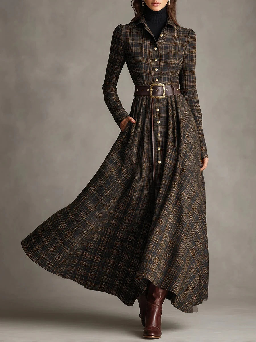 Em stock de roupa feminina europeia e americana de 2025, site independente da Amazon, vestido camisa elástica com padrão digital na lapela e modelar a cintura