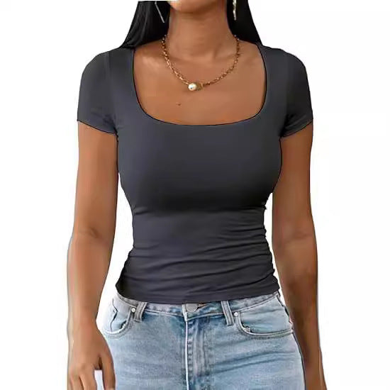 Blusa Feminina Baby Tee Slim Y2K Gola U Manga Curta Moda TikTok