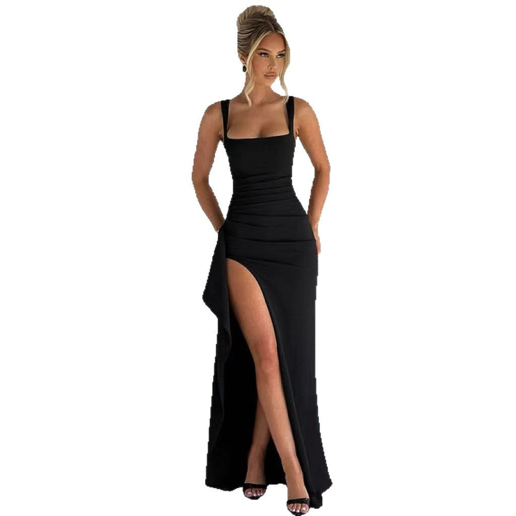 Vestido de noite feminino estilo INS europeu e americano, vestido comprido 2026, vestido slip sexy de fenda alta e costas na moda 2026