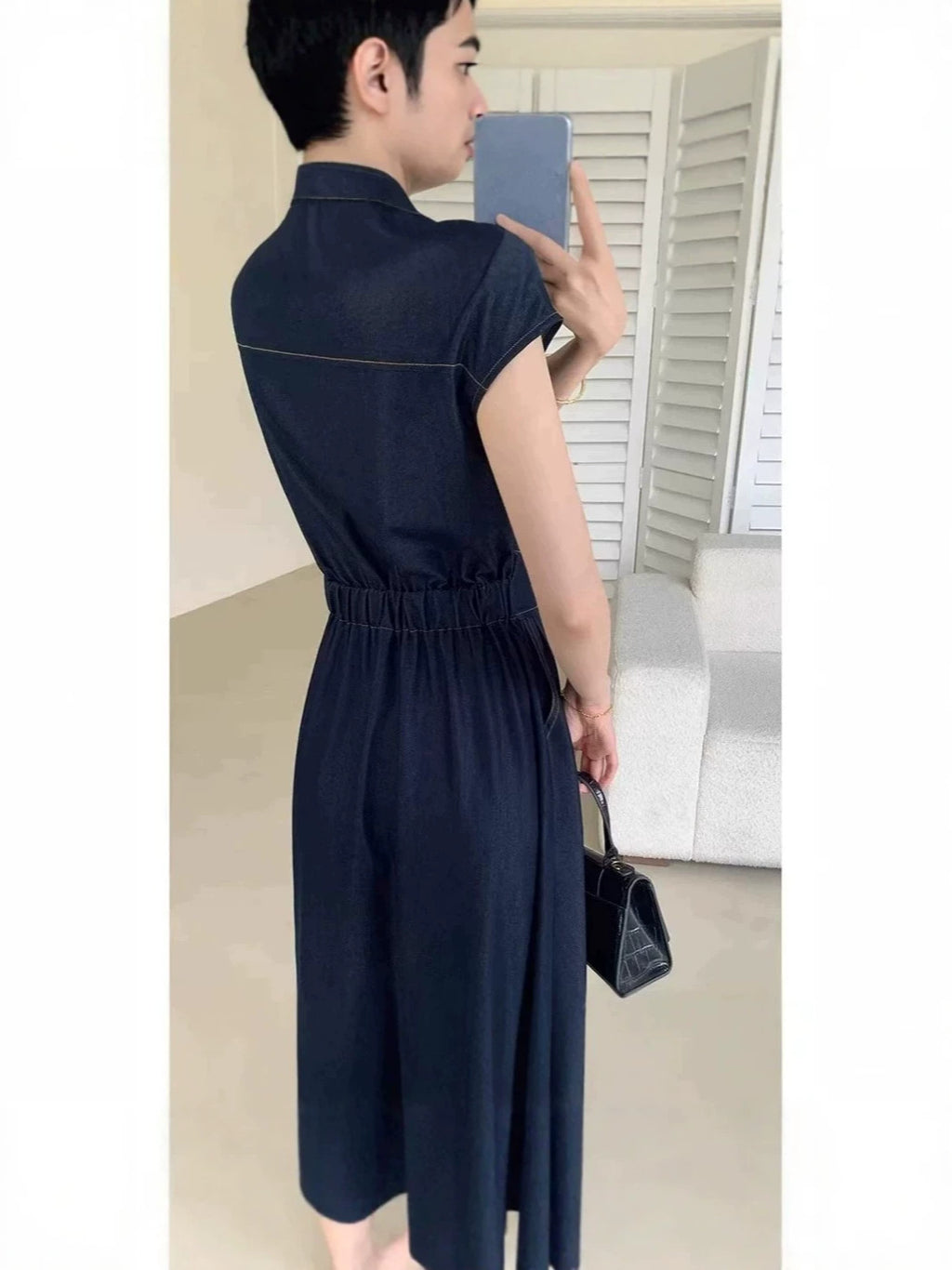 Vestido de ganga da moda, saia de manga curta simples de manga curta de verão de comprimento médio, vestido slip, 5723 para apertar a cintura e emagrecer