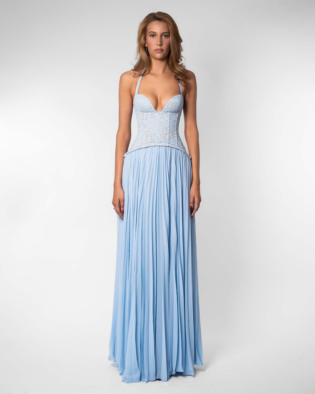 Personalizado | Vestido francês de renda com copo halter, com amarração nas costas, cintura justa, saia comprida plissada em chiffon