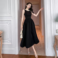 Vestido Preto Comprido para Mulheres, Verão 2026 Novo Vestido Elegante Estilo Hepburn, Sem Mangas com Linhas em A, Linha Larga, Vestido 9606