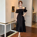 Vestido longo elegante estilo Hepburn 2026 verão nova socialite feminina que aperta a cintura, vestido preto 21348