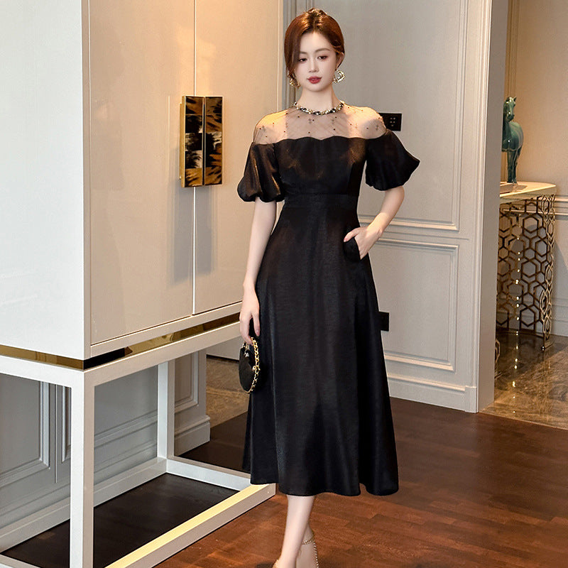 Vestido longo elegante estilo Hepburn 2026 verão nova socialite feminina que aperta a cintura, vestido preto 21348
