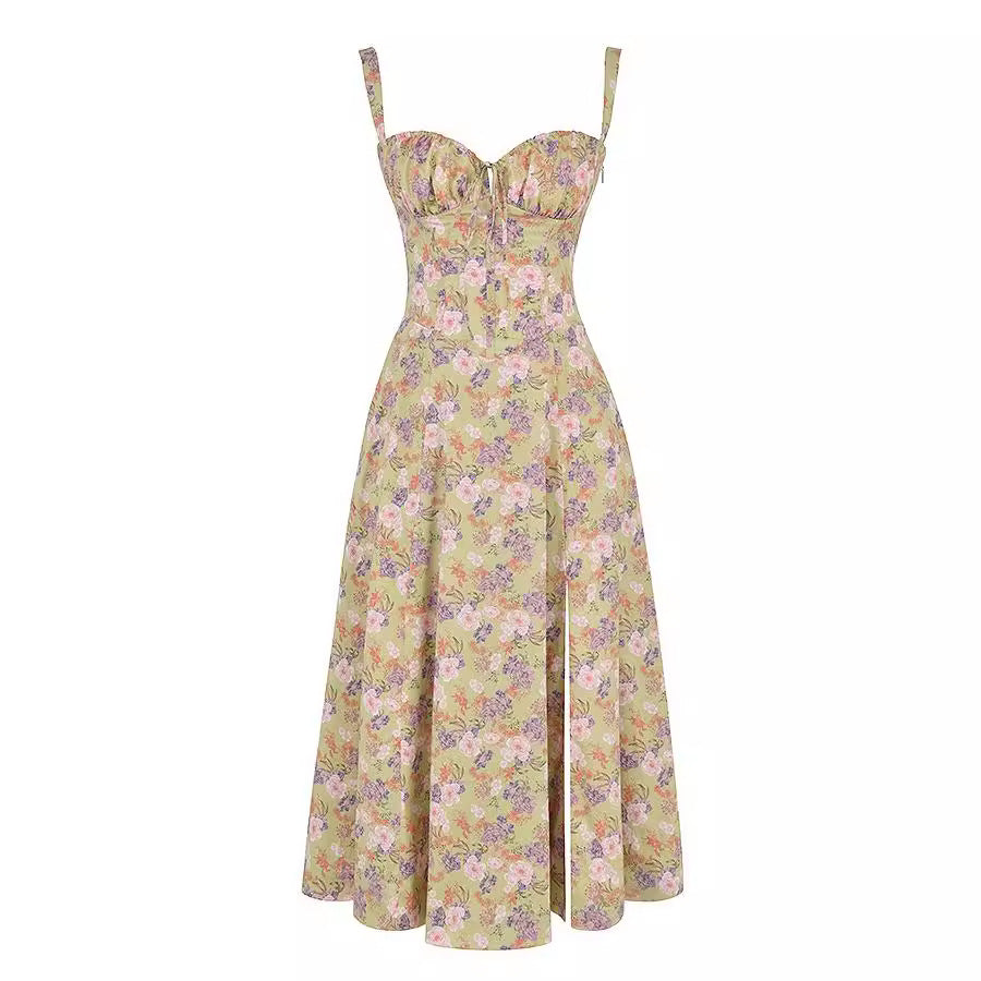 Vestido Feminino Feminino Floral Cross-fronteiriço Europeu e Americano Vestido de Espinha de Peixe com Fenda Alta e Espinha de Peixe Vestido Bestseller Independente em Site Independente