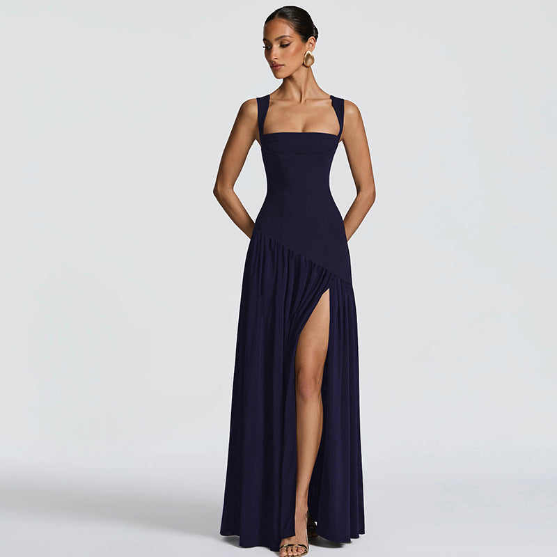 Vestido feminino feminino 2026 de moda feminina elegante de moda feminina europeia e americana, elegante alça, de cor sólida e fenda, vestido serpentina para mulheres