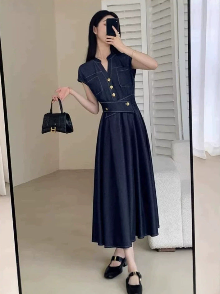 Vestido de ganga da moda, saia de manga curta simples de manga curta de verão de comprimento médio, vestido slip, 5723 para apertar a cintura e emagrecer