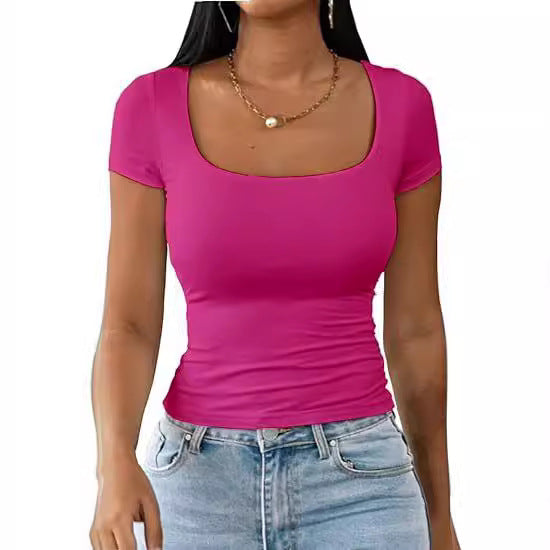 Blusa Feminina Baby Tee Slim Y2K Gola U Manga Curta Moda TikTok
