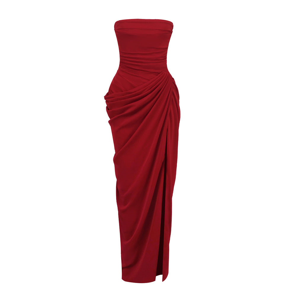 Em Stock | Vestido de Verão Feminino Vestido Leve de Luxo De Alta Gama, Vintage Sem Alças, Cintura e Cintura Plissada Vestido Longo de Fenda Alta