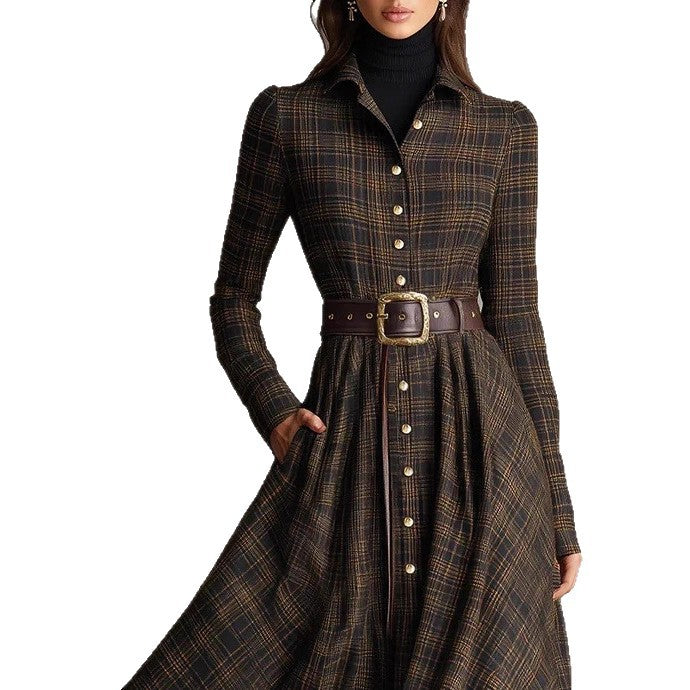 Em stock de roupa feminina europeia e americana de 2025, site independente da Amazon, vestido camisa elástica com padrão digital na lapela e modelar a cintura