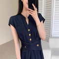 Vestido de ganga da moda, saia de manga curta simples de manga curta de verão de comprimento médio, vestido slip, 5723 para apertar a cintura e emagrecer
