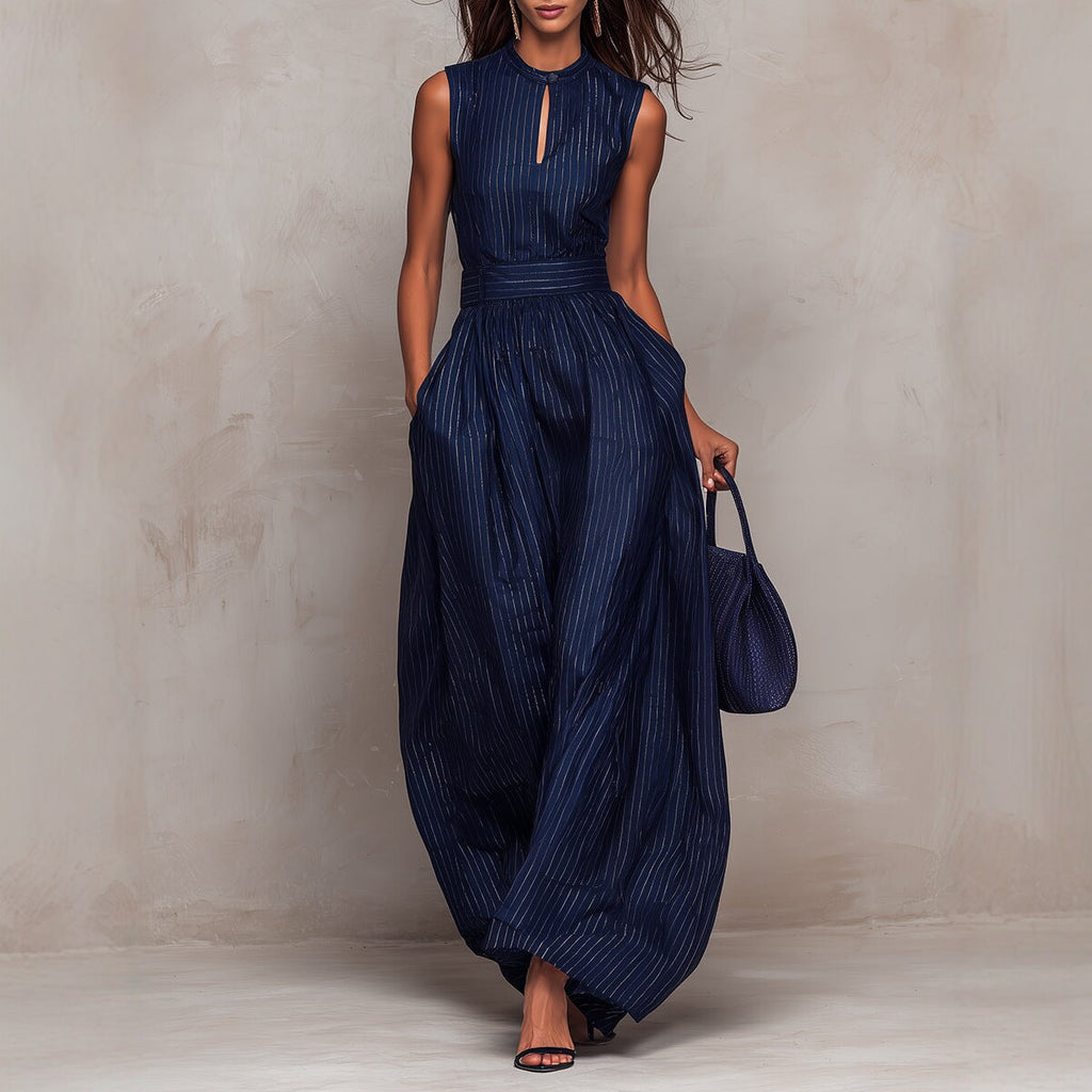 2026 Novo Macato Azul Escuro às Riscas, Azul Escuro às Riscas, de pernas largas para mulheres, moda elegante para mulheres