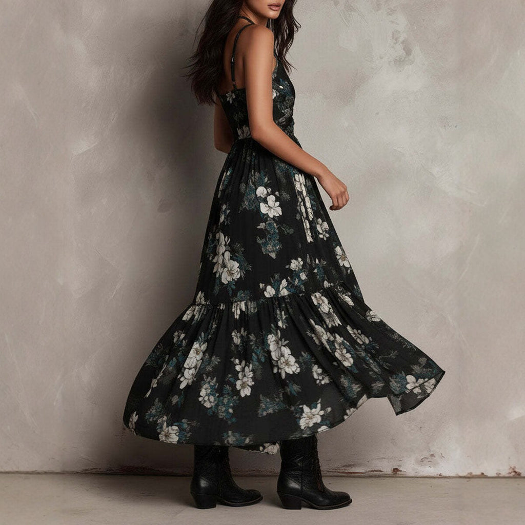 2026 Novo vestido de alças finas estampado ao estilo europeu e americano, vestido comprido feminino de decote em V com abertura alta e fenda alta, vestido de férias na moda
