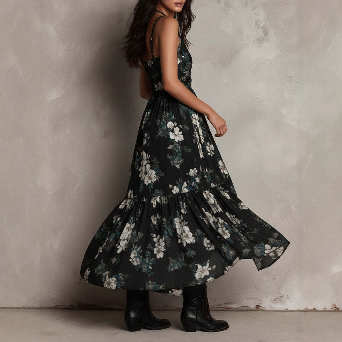 2026 Novo vestido de alças finas estampado ao estilo europeu e americano, vestido comprido feminino de decote em V com abertura alta e fenda alta, vestido de férias na moda