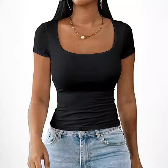 Blusa Feminina Baby Tee Slim Y2K Gola U Manga Curta Moda TikTok