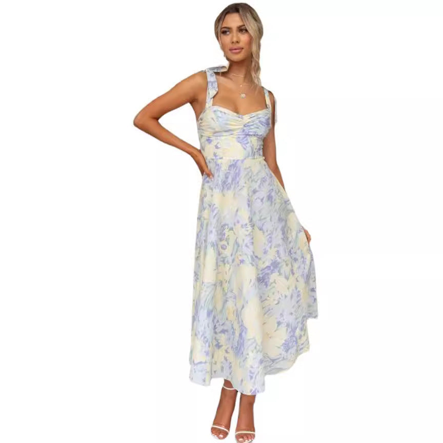 2024 Vestido Novo Slim Fit, Estampado em V, com decote em V que aperta a cintura, para mulheres de comprimento médio