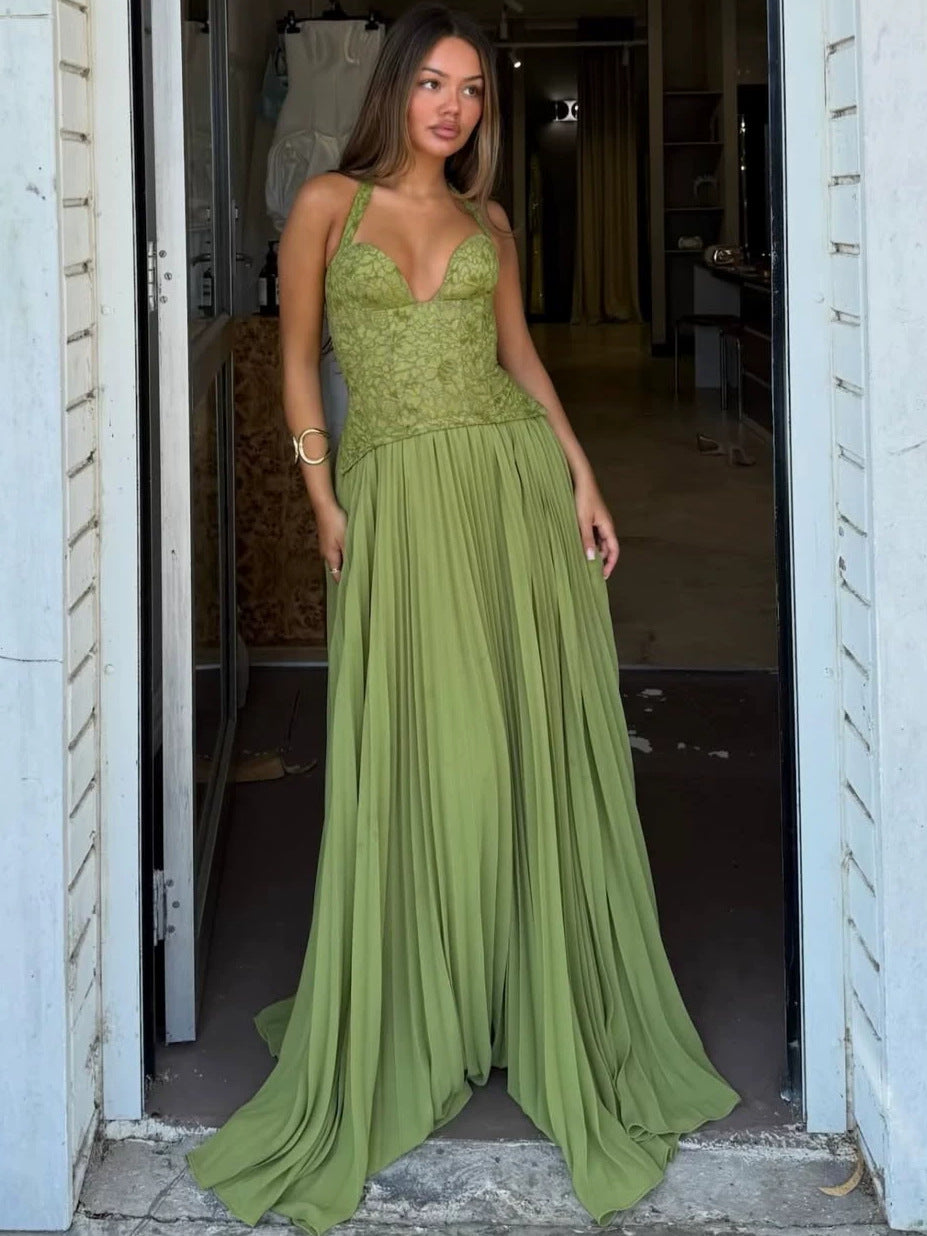 Personalizado | Vestido francês de renda com copo halter, com amarração nas costas, cintura justa, saia comprida plissada em chiffon