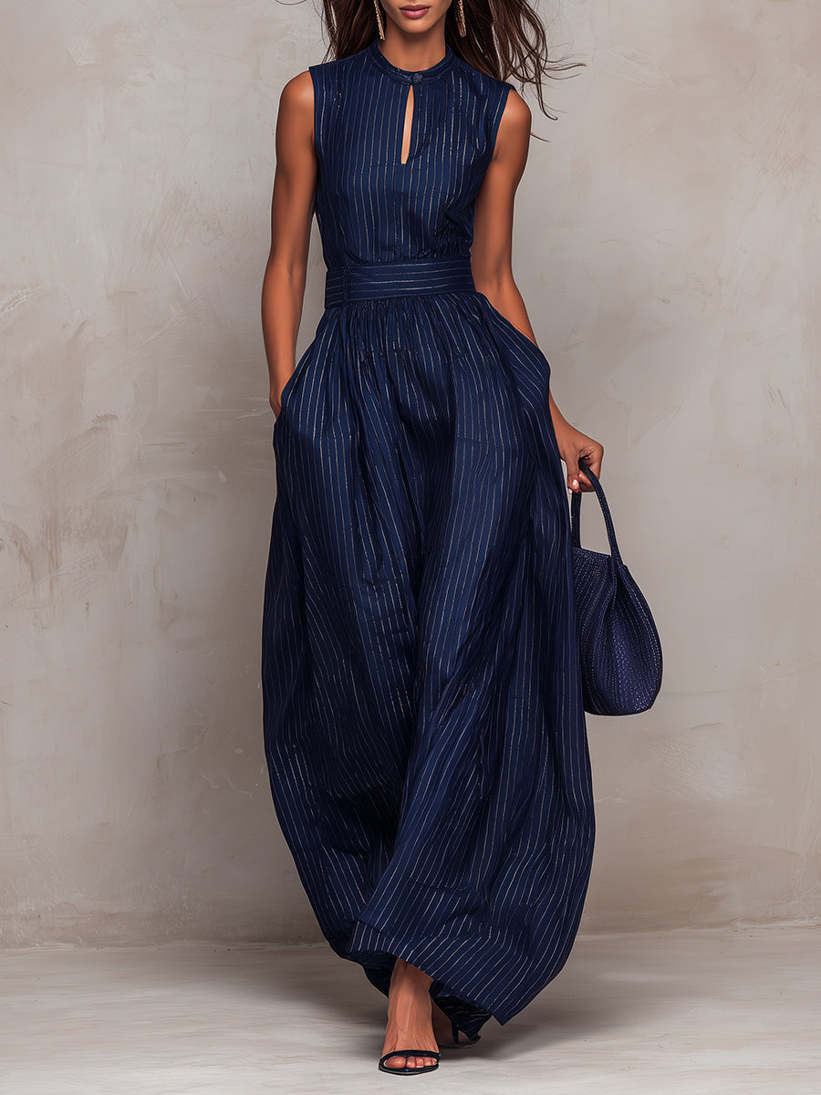 2026 Novo Macato Azul Escuro às Riscas, Azul Escuro às Riscas, de pernas largas para mulheres, moda elegante para mulheres