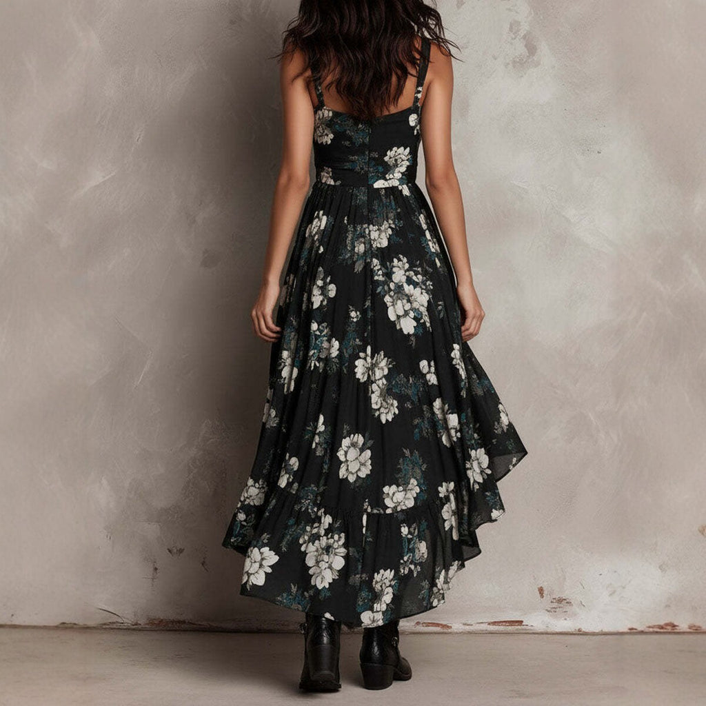 2026 Novo vestido de alças finas estampado ao estilo europeu e americano, vestido comprido feminino de decote em V com abertura alta e fenda alta, vestido de férias na moda