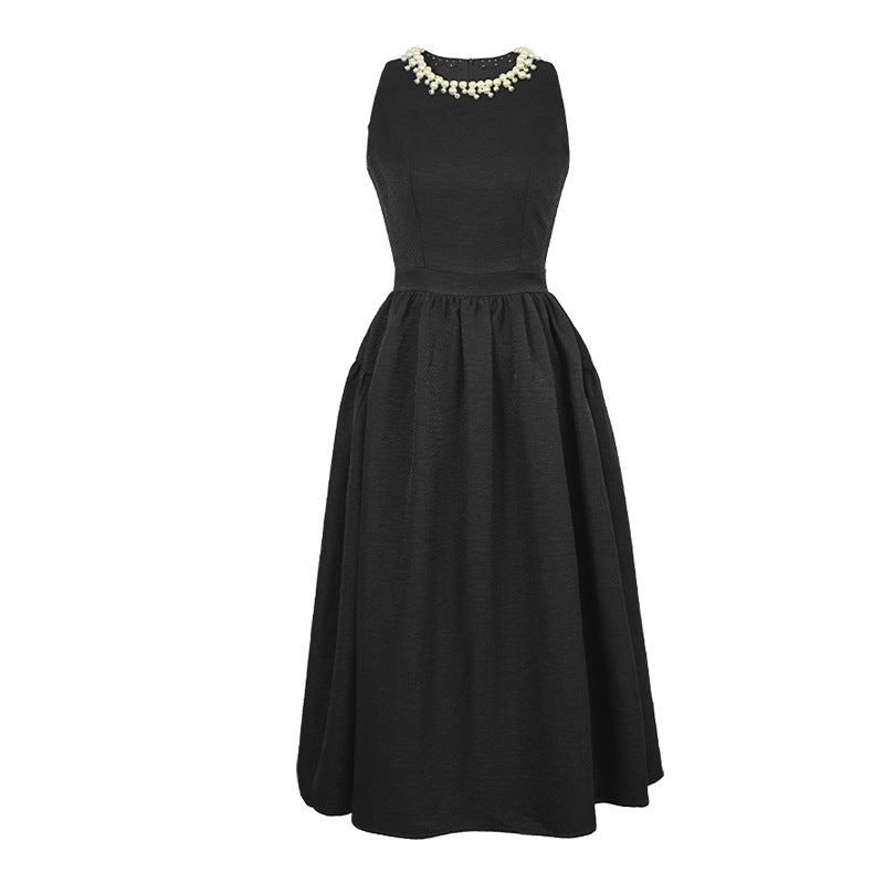 Vestido Preto Comprido para Mulheres, Verão 2026 Novo Vestido Elegante Estilo Hepburn, Sem Mangas com Linhas em A, Linha Larga, Vestido 9606