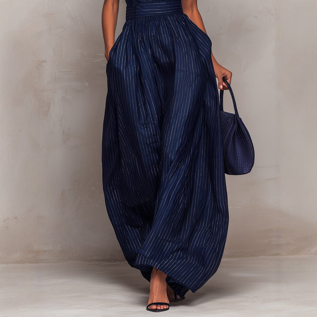 2026 Novo Macato Azul Escuro às Riscas, Azul Escuro às Riscas, de pernas largas para mulheres, moda elegante para mulheres