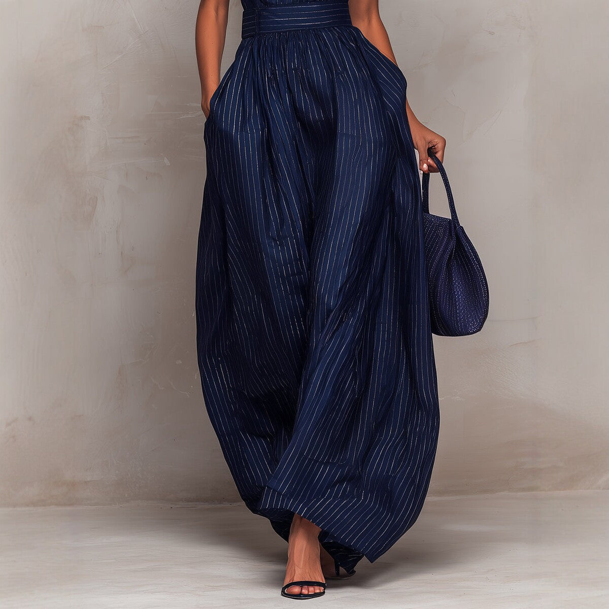 2026 Novo Macato Azul Escuro às Riscas, Azul Escuro às Riscas, de pernas largas para mulheres, moda elegante para mulheres