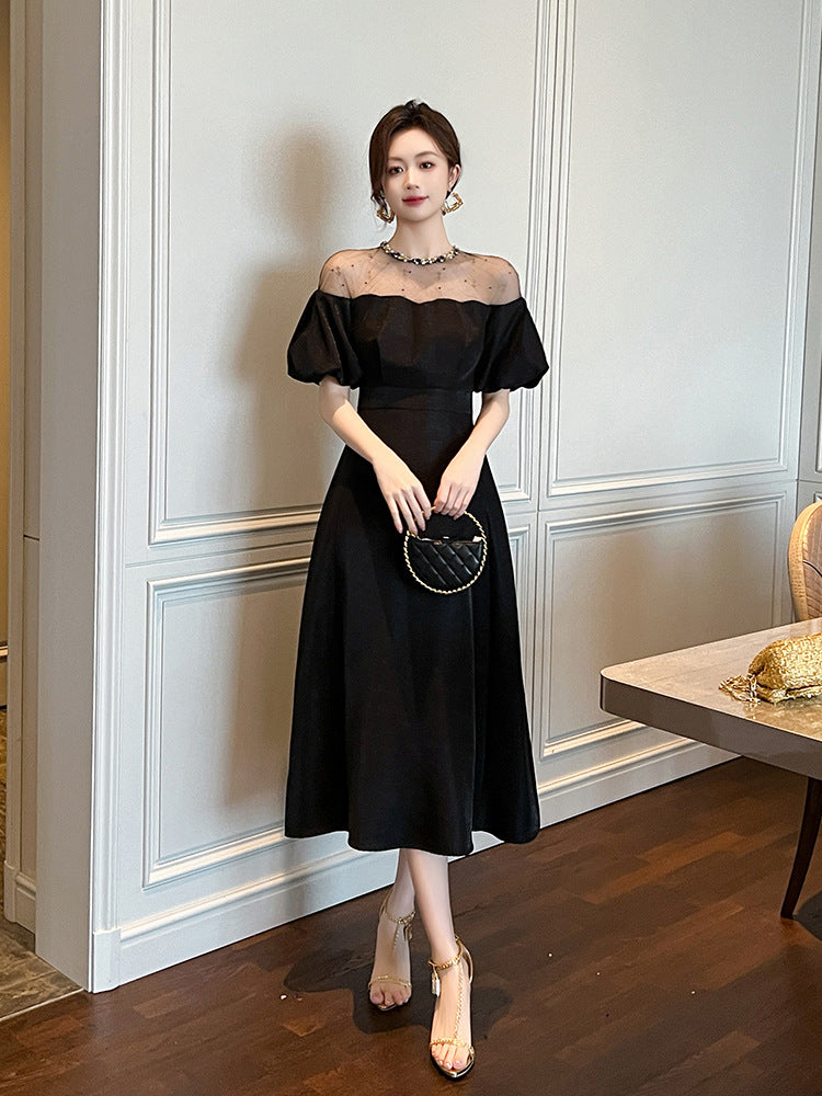 Vestido longo elegante estilo Hepburn 2026 verão nova socialite feminina que aperta a cintura, vestido preto 21348