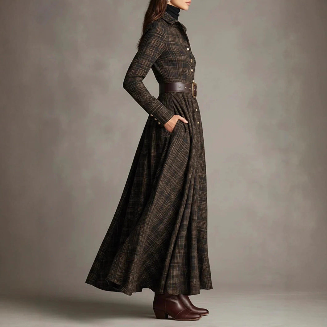 Em stock de roupa feminina europeia e americana de 2025, site independente da Amazon, vestido camisa elástica com padrão digital na lapela e modelar a cintura