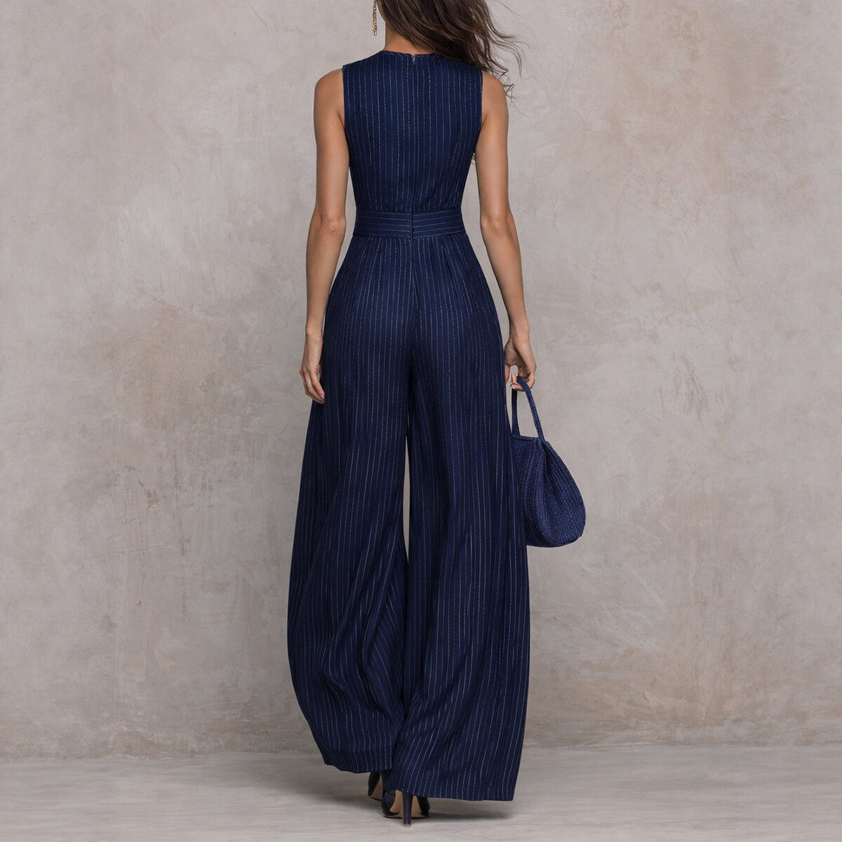 2026 Novo Macato Azul Escuro às Riscas, Azul Escuro às Riscas, de pernas largas para mulheres, moda elegante para mulheres
