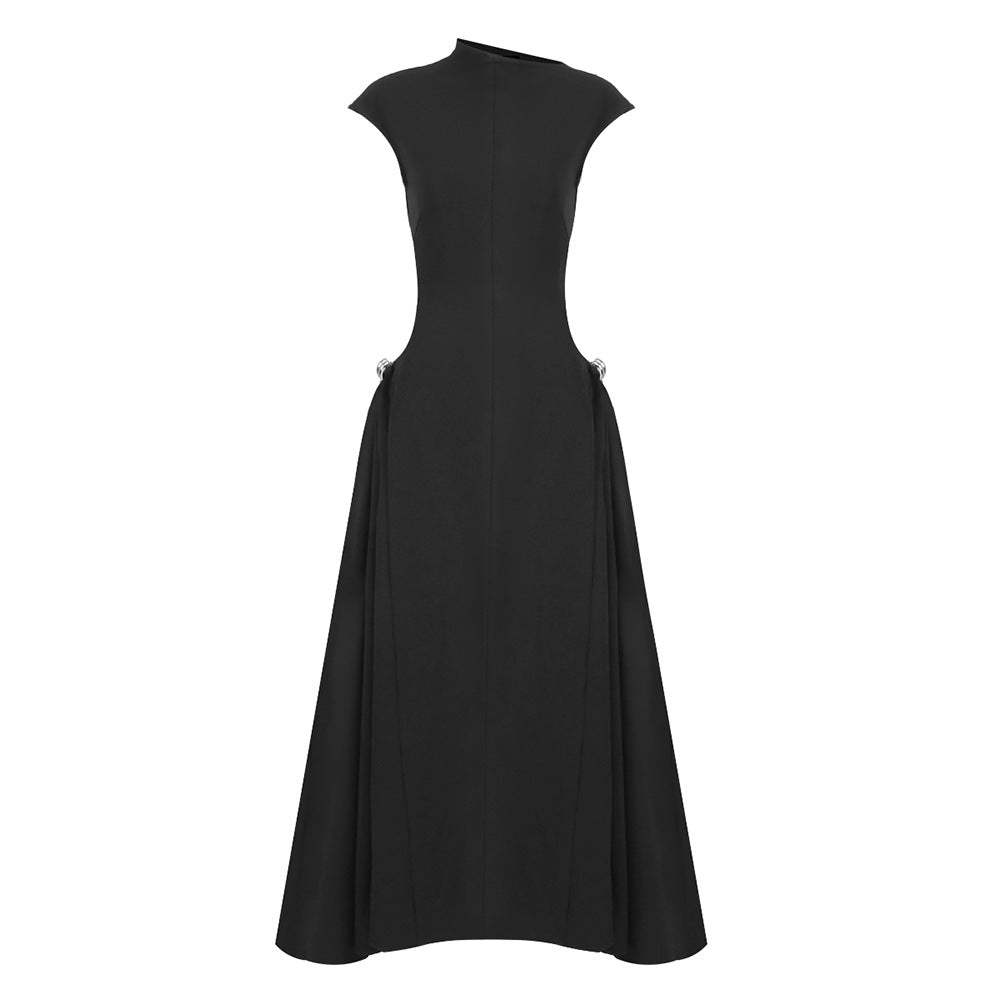 Em Stock | Vestido Feminino de Verão Europeu e Americano Transfronteiriço, Vestido Comprido Irregular Simples, de cor sólida, sem mangas que aperta a cintura