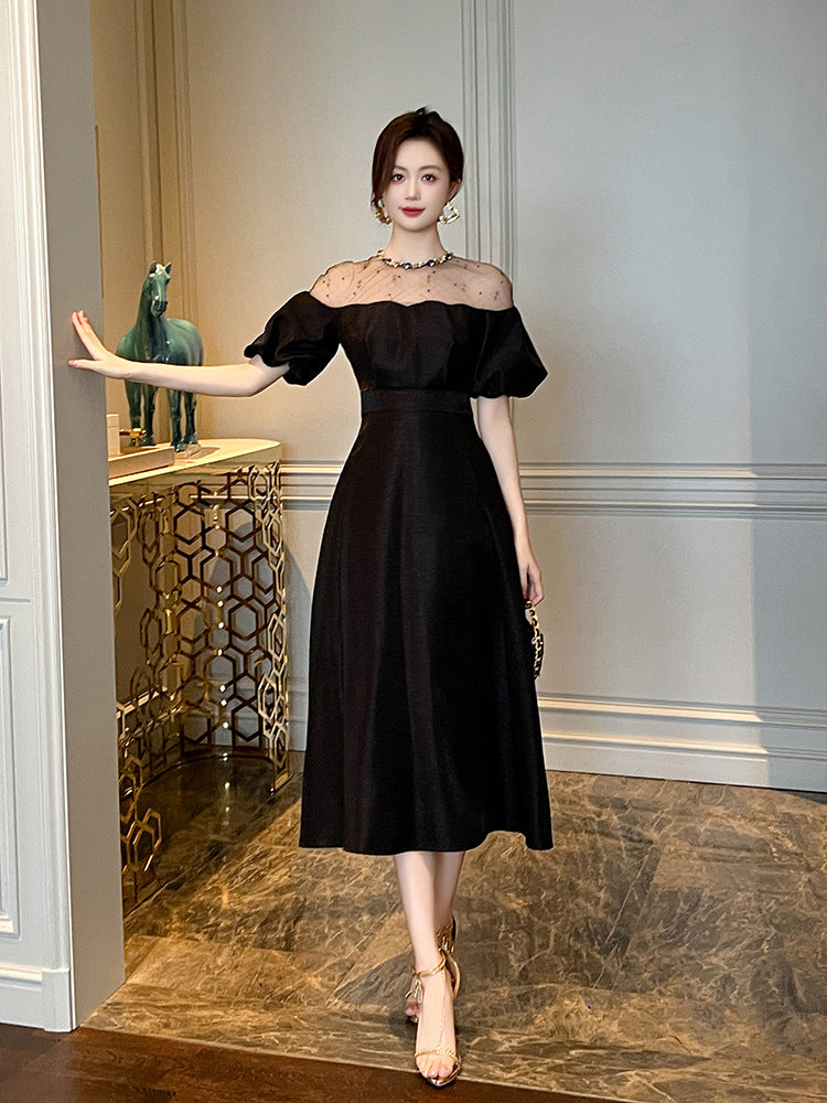 Vestido longo elegante estilo Hepburn 2026 verão nova socialite feminina que aperta a cintura, vestido preto 21348