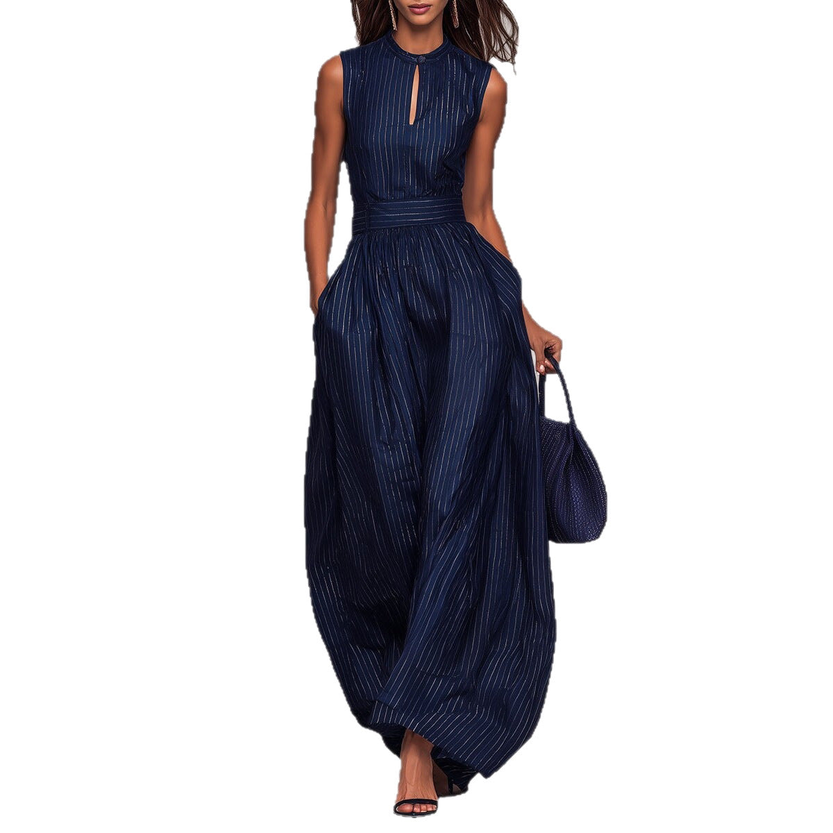 2026 Novo Macato Azul Escuro às Riscas, Azul Escuro às Riscas, de pernas largas para mulheres, moda elegante para mulheres