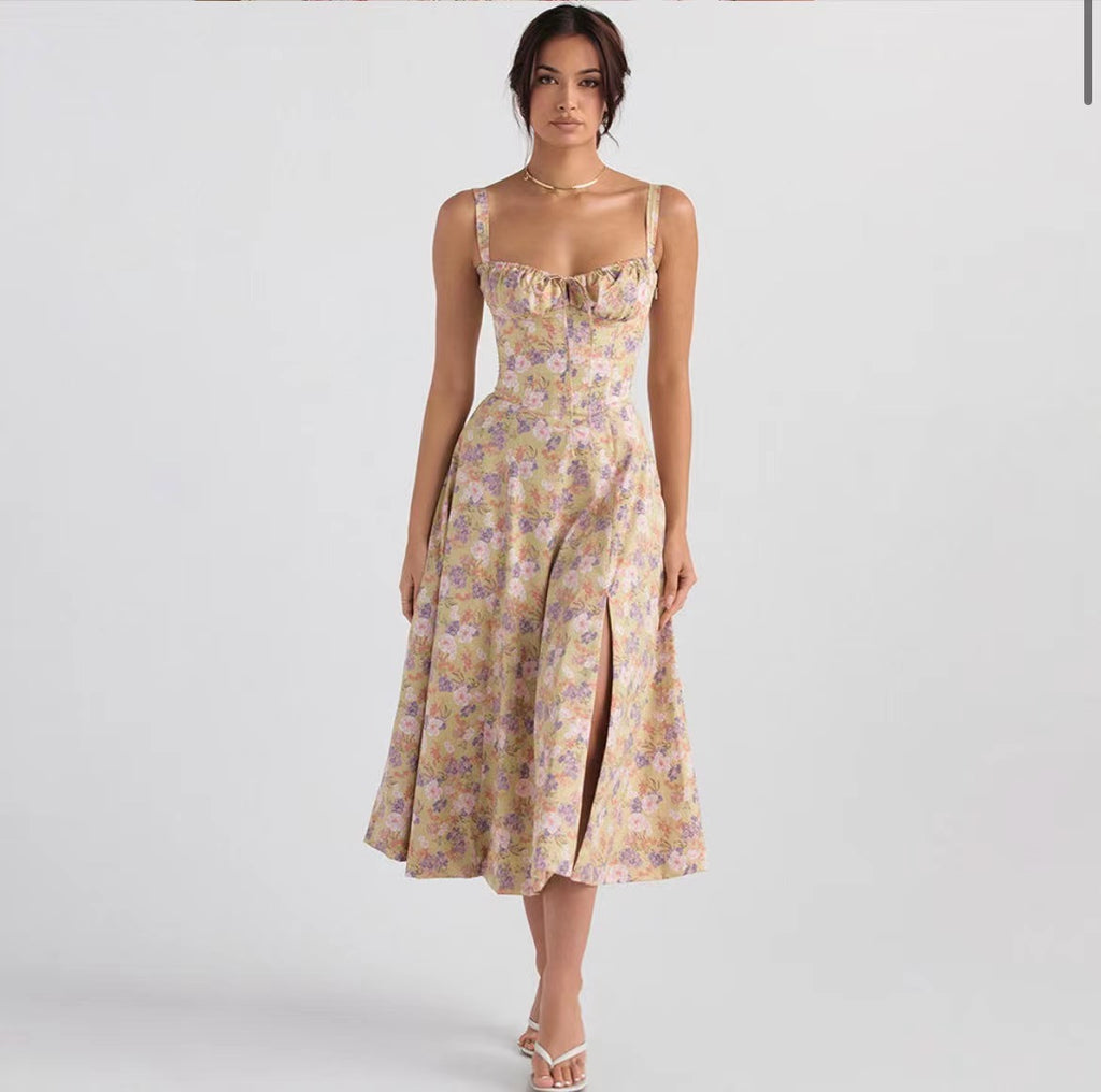 Vestido Feminino Feminino Floral Cross-fronteiriço Europeu e Americano Vestido de Espinha de Peixe com Fenda Alta e Espinha de Peixe Vestido Bestseller Independente em Site Independente