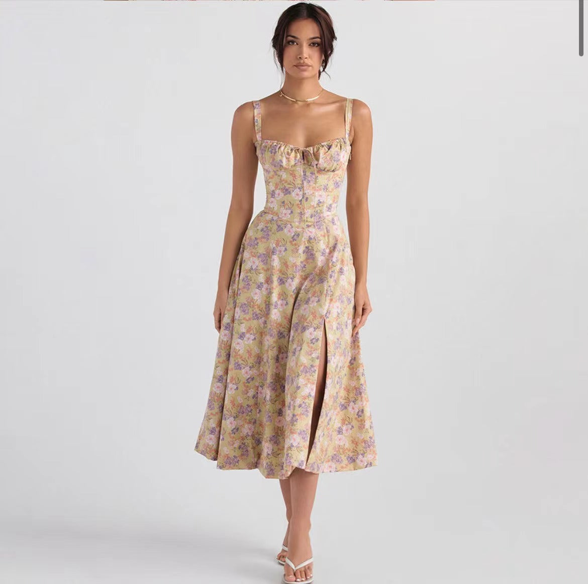 Vestido Feminino Feminino Floral Cross-fronteiriço Europeu e Americano Vestido de Espinha de Peixe com Fenda Alta e Espinha de Peixe Vestido Bestseller Independente em Site Independente